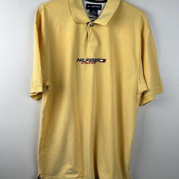 Vintage Tommy Hilfiger Athletics Spell Out Polo Shirt Yellow Short Sleeve XL - Picture 1 of 4